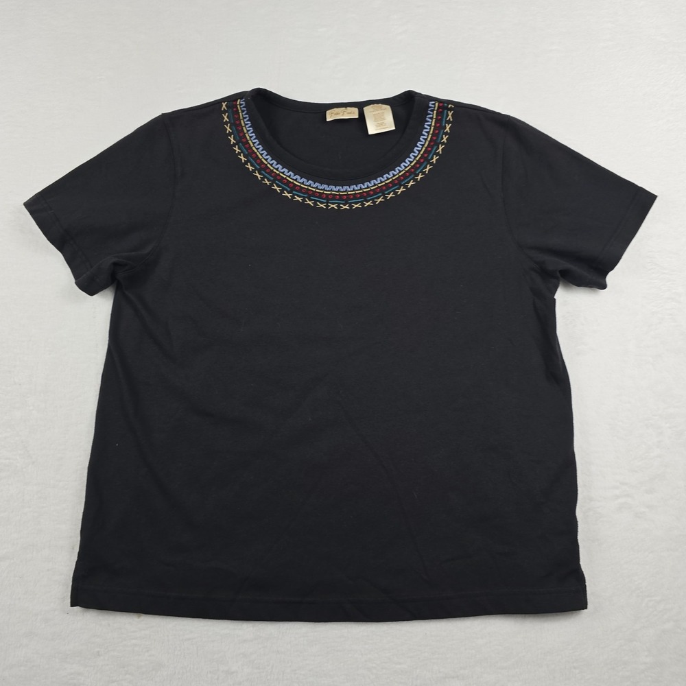 Bobbie Brooks Shirt Womens L Black Native Embroidered Collar Art Tee BB2T161